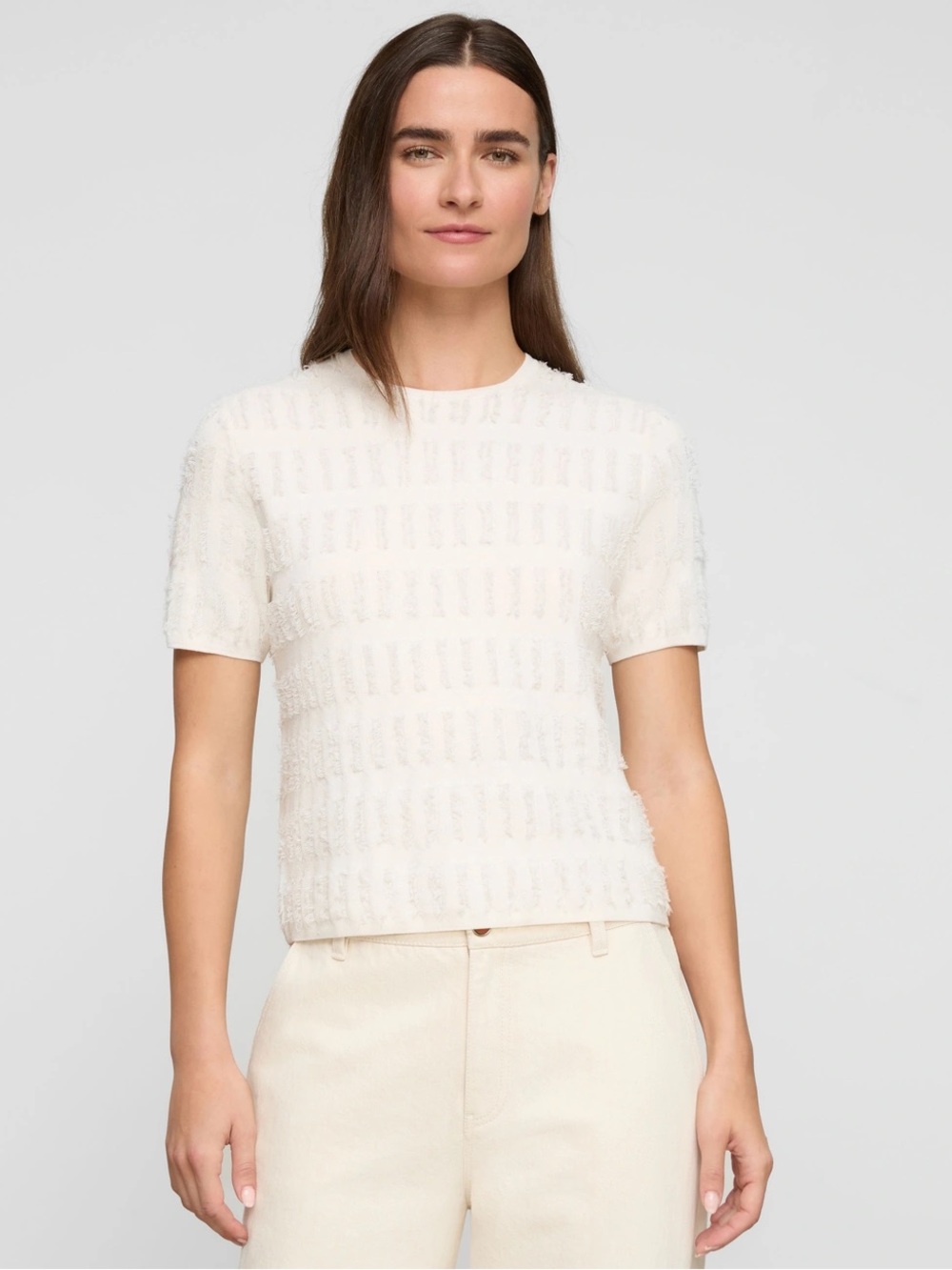 Lafayette 148 Finespun Voile Fringed Jacquard Sweater Cloud Medium $798